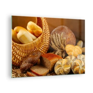 Obraz na skle - Košík chleba a bochníků na pozadí klasů obilí - 70x50cm - Znovu jsme měli štěstí - Moderní nástěnná dekorace do obývacího pokoje a ložnice ARTTOR