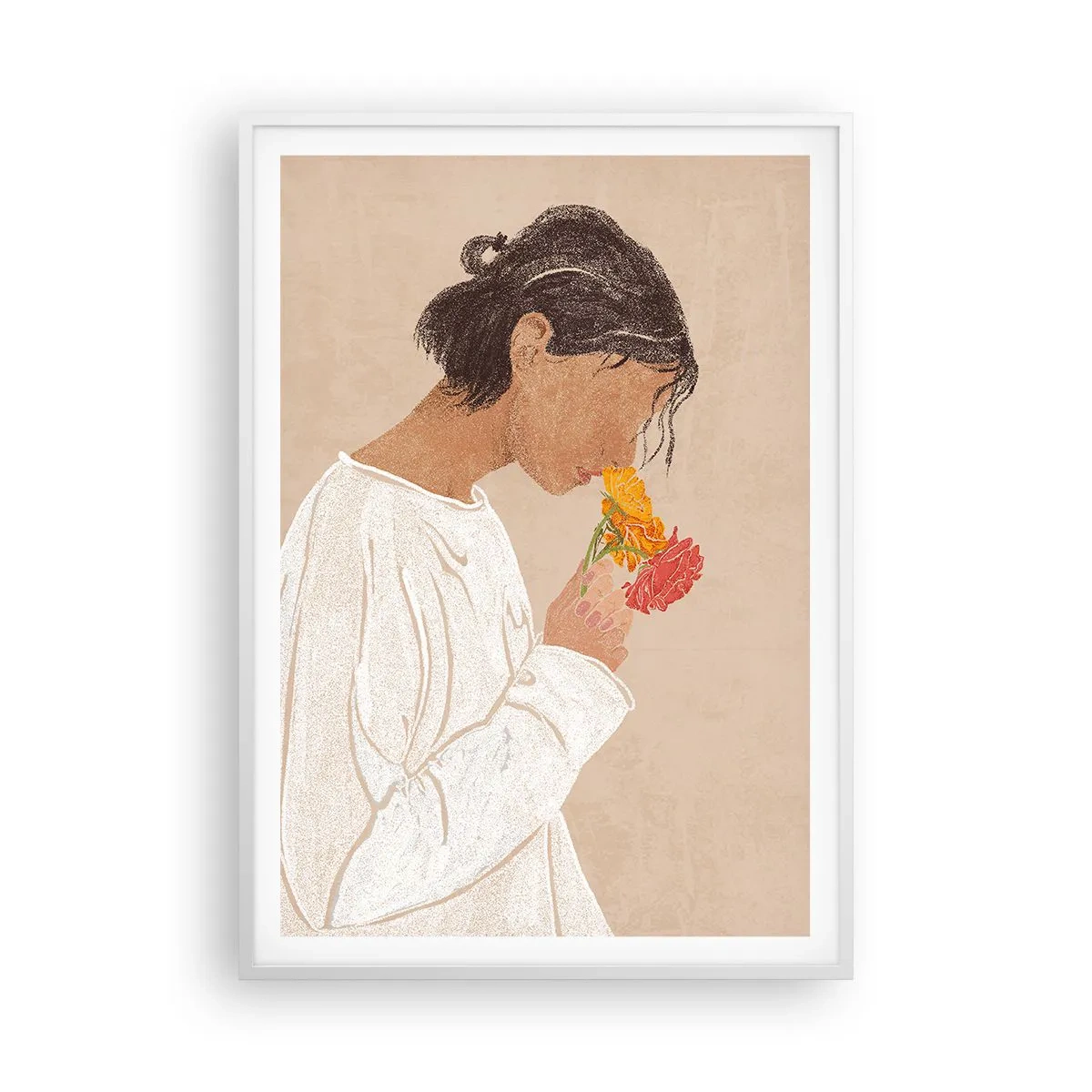 Plakát v bílém rámu - Dívka a květiny - 70x100 cm