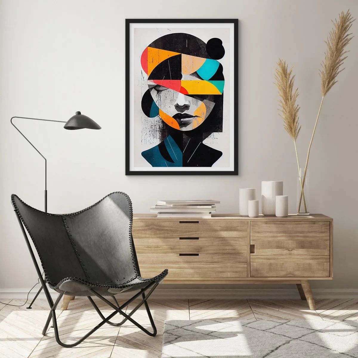 Plakát v černém rámu - Interiérový portrét, vícebarevný, stylizovaný abstraktní portrét ženy - 50x70cm - Pestrobarevný vnitřní portrét - Moderní nástěnná dekorace do obývacího pokoje a ložnice ARTTOR