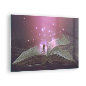 Obraz na skle - Otevřená kniha, z níž se vznáší magické světlo a hvězdy - 70x50cm - Pozvánka do jiného světa - přečti si to! - Moderní nástěnná dekorace do obývacího pokoje a ložnice ARTTOR