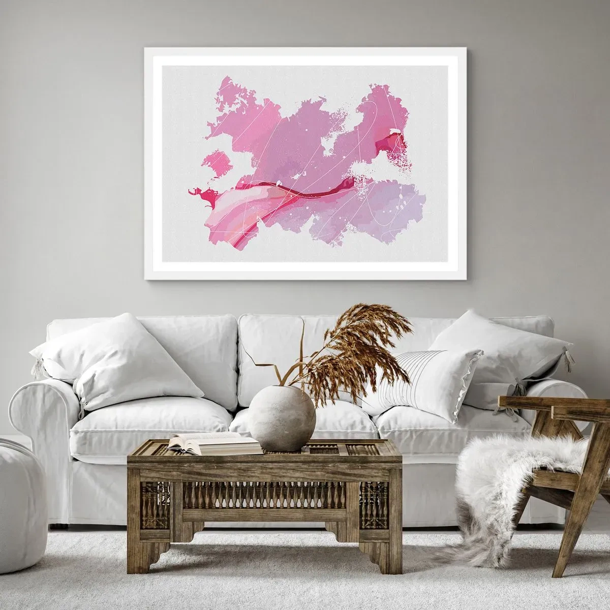 Plakát v bílém rámu - Mapa růžového světa - 100x70 cm