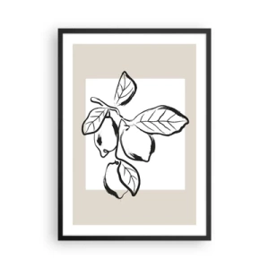 Plakát v černém rámu - Minimalistická ilustrace citronové větve v černobílém stylu. - 50x70cm - Kde citron dozrává… - Moderní nástěnná dekorace do obývacího pokoje a ložnice ARTTOR