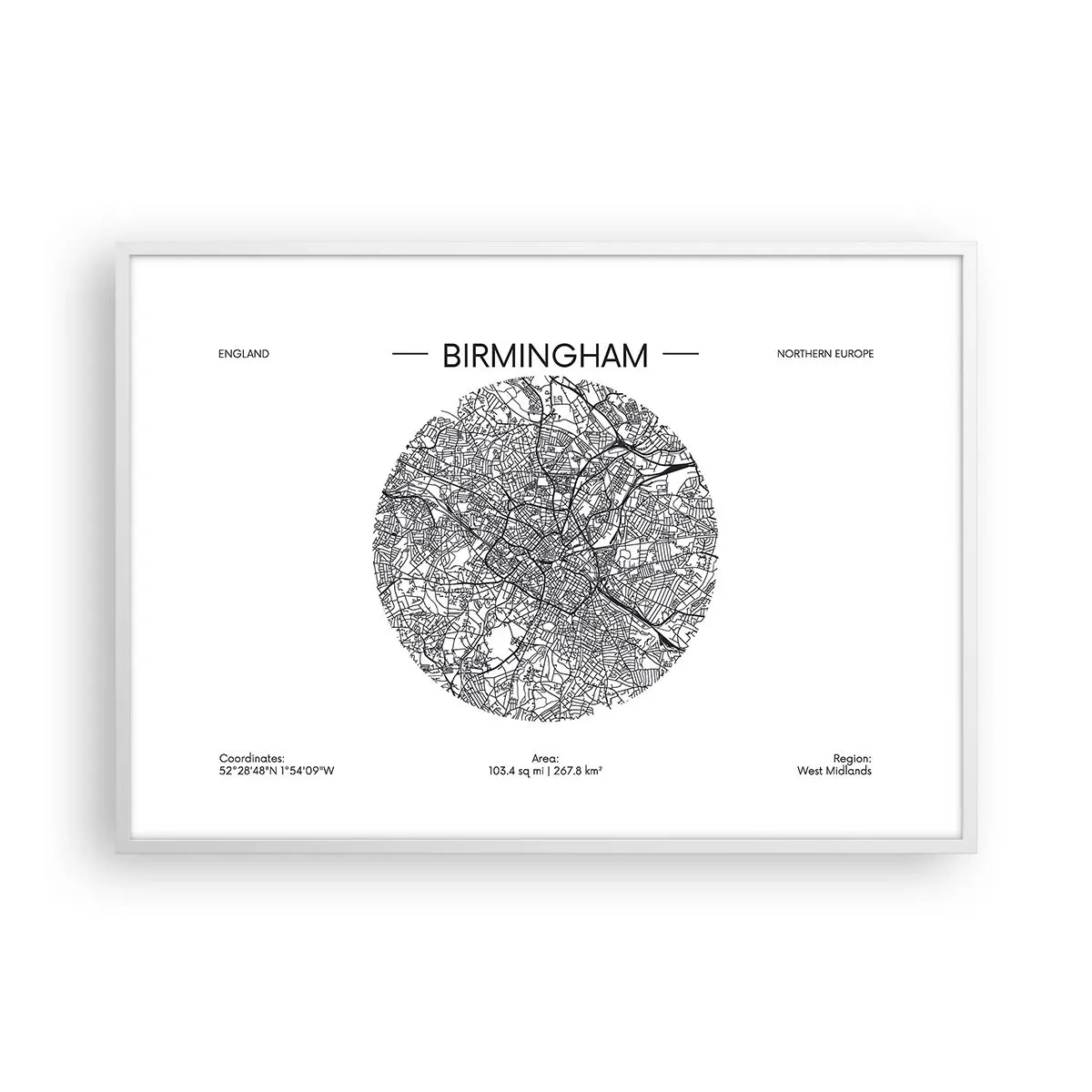 Plakát v bílém rámu - Anatomie Birminghamu - 100x70 cm