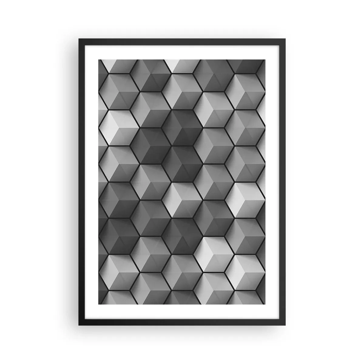 Plakát v černém rámu - Černobílé složení 3D geometrických kostek - 50x70cm - Kubistické puzzle - Moderní nástěnná dekorace do obývacího pokoje a ložnice ARTTOR