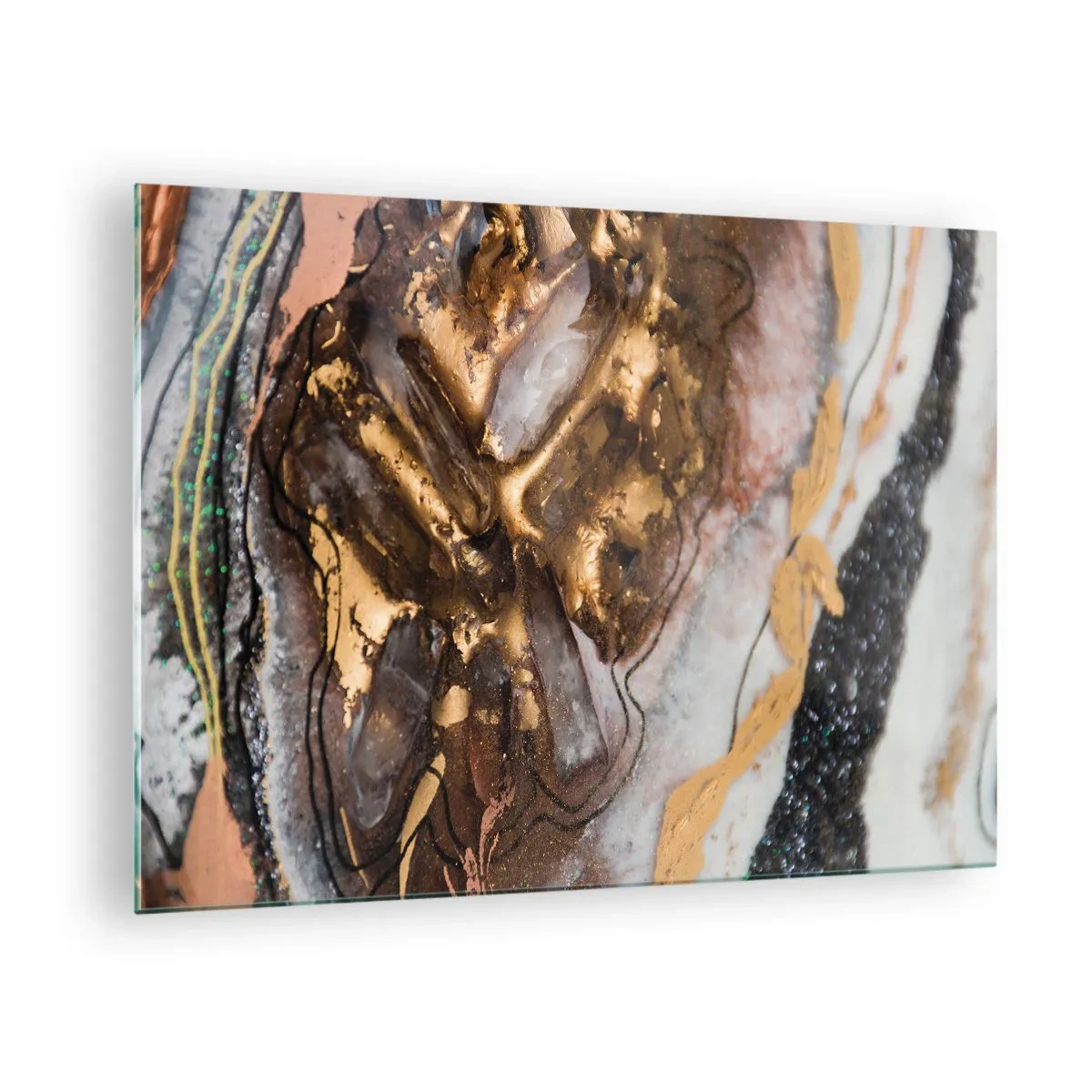 Obraz na skle - Abstraktní obraz v odstínech zlaté, hnědé a bílé s minerální texturou. - 70x50cm - Prvek země - Moderní nástěnná dekorace do obývacího pokoje a ložnice ARTTOR