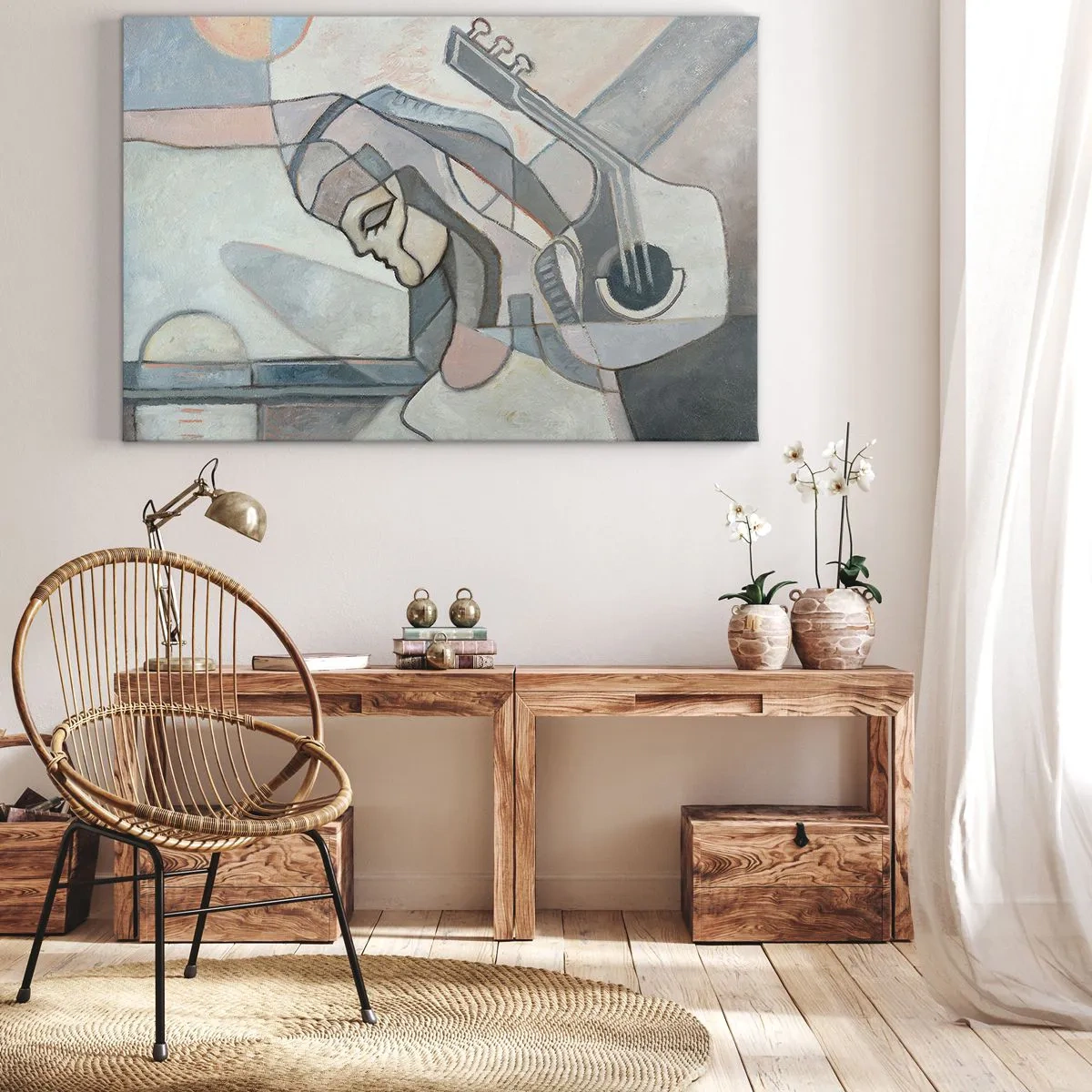 Obraz na plátně - Abstraktní postava s kytarou v pastelových barvách. - 70x50cm - V moci hudby - Moderní nástěnná dekorace do obývacího pokoje a ložnice ARTTOR