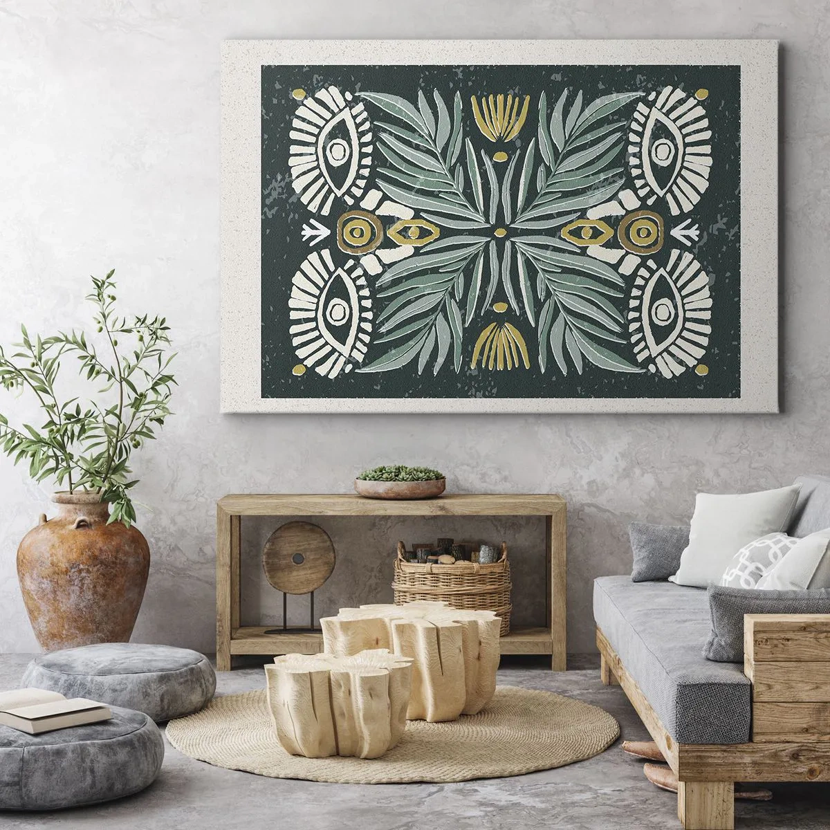 Obraz na plátně - Symetrický rostlinný vzor na zeleném pozadí - 70x50cm - Jako lidová vystřihovánka - Moderní nástěnná dekorace do obývacího pokoje a ložnice ARTTOR