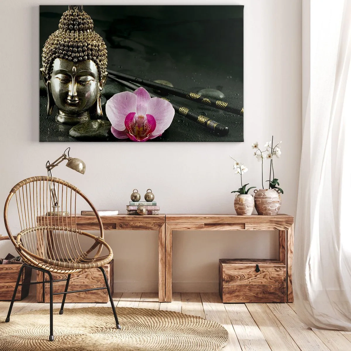 Obraz na plátně - Soška Buddhy s orchidejí a hůlkami na pozadí kamenů - 70x50cm - Soulad moudrosti a krásy - Moderní nástěnná dekorace do obývacího pokoje a ložnice ARTTOR
