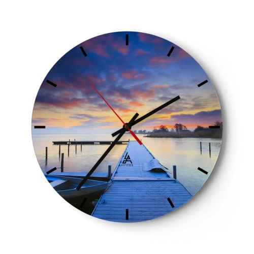 Nástěnné hodiny - Jezerní molo při východu slunce - 30x30cm - Fialovo-zlatý klid - Moderní nástěnná dekorace do obývacího pokoje, kuchyně a ložnice ARTTOR