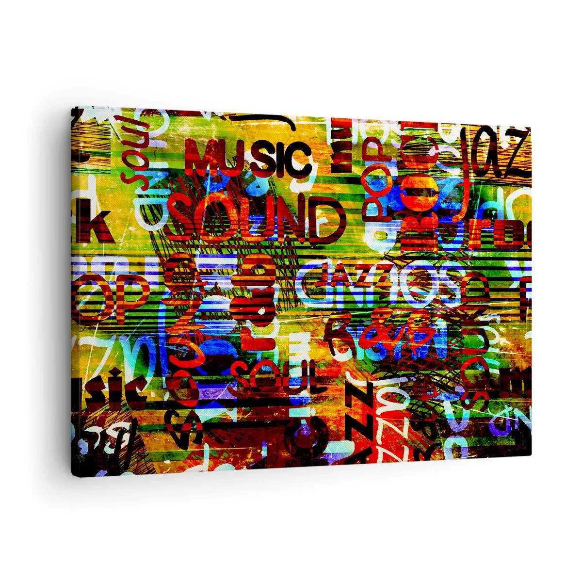 Obraz na plátně - Barevná abstrakce s hudebními nápisy ve stylu pop art - 70x50cm - Všechny barvy zvuku - Moderní nástěnná dekorace do obývacího pokoje a ložnice ARTTOR