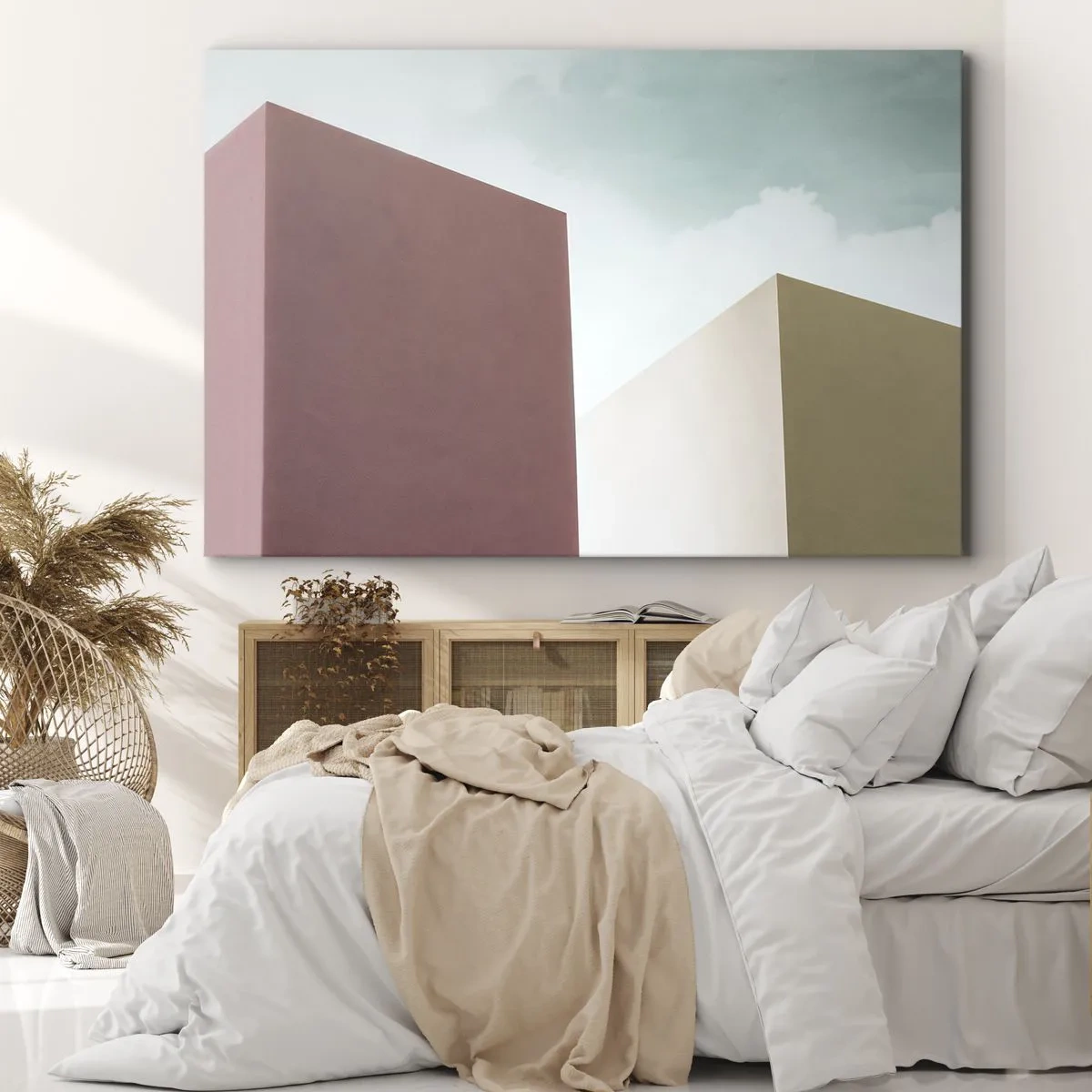 Obraz na plátně - Minimalistická architektura s pastelovými bloky a oblohou - 70x50cm - Geometrie slunečného léta - Moderní nástěnná dekorace do obývacího pokoje a ložnice ARTTOR