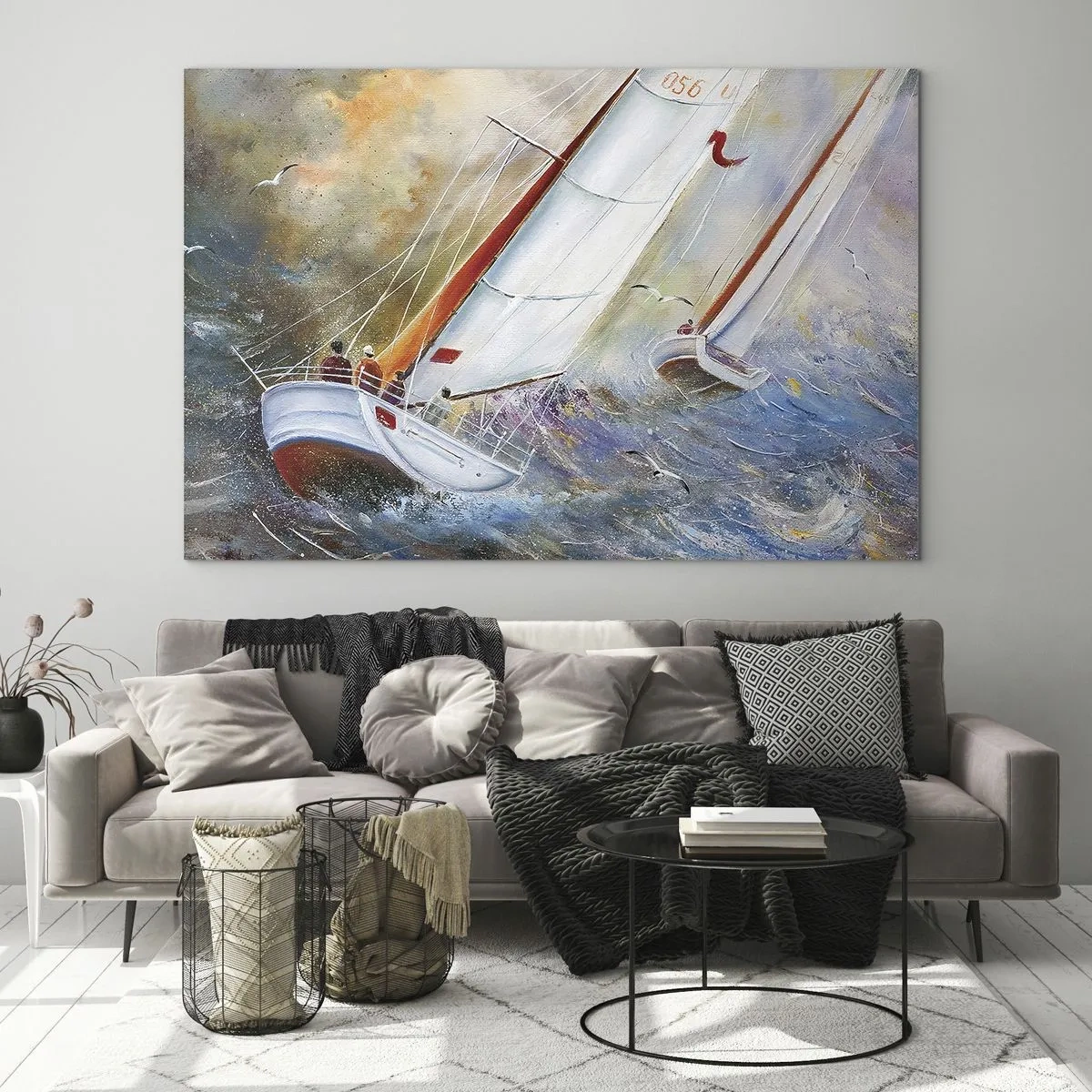 Obraz na skle - Plachetnice v rozbouřeném moři během regaty - 70x50cm - Běžící přes vlny - Moderní nástěnná dekorace do obývacího pokoje a ložnice ARTTOR