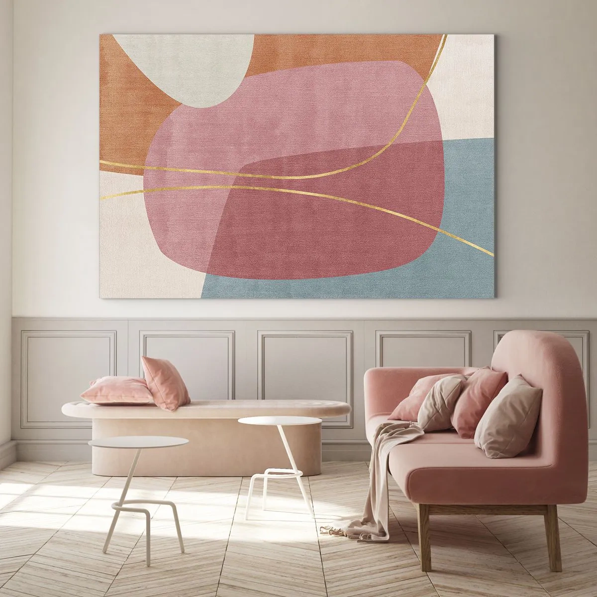 Obraz na skle - Pastelové tvary s protínajícími se zlatými čarami - 70x50cm - Pastelová kompozice se zlatou nití - Moderní nástěnná dekorace do obývacího pokoje a ložnice ARTTOR