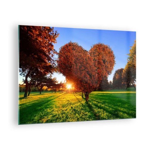 Obraz na skle - Strom ve tvaru srdce na pozadí zapadajícího slunce - 70x50cm - Jak nemilovat podzim - Moderní nástěnná dekorace do obývacího pokoje a ložnice ARTTOR