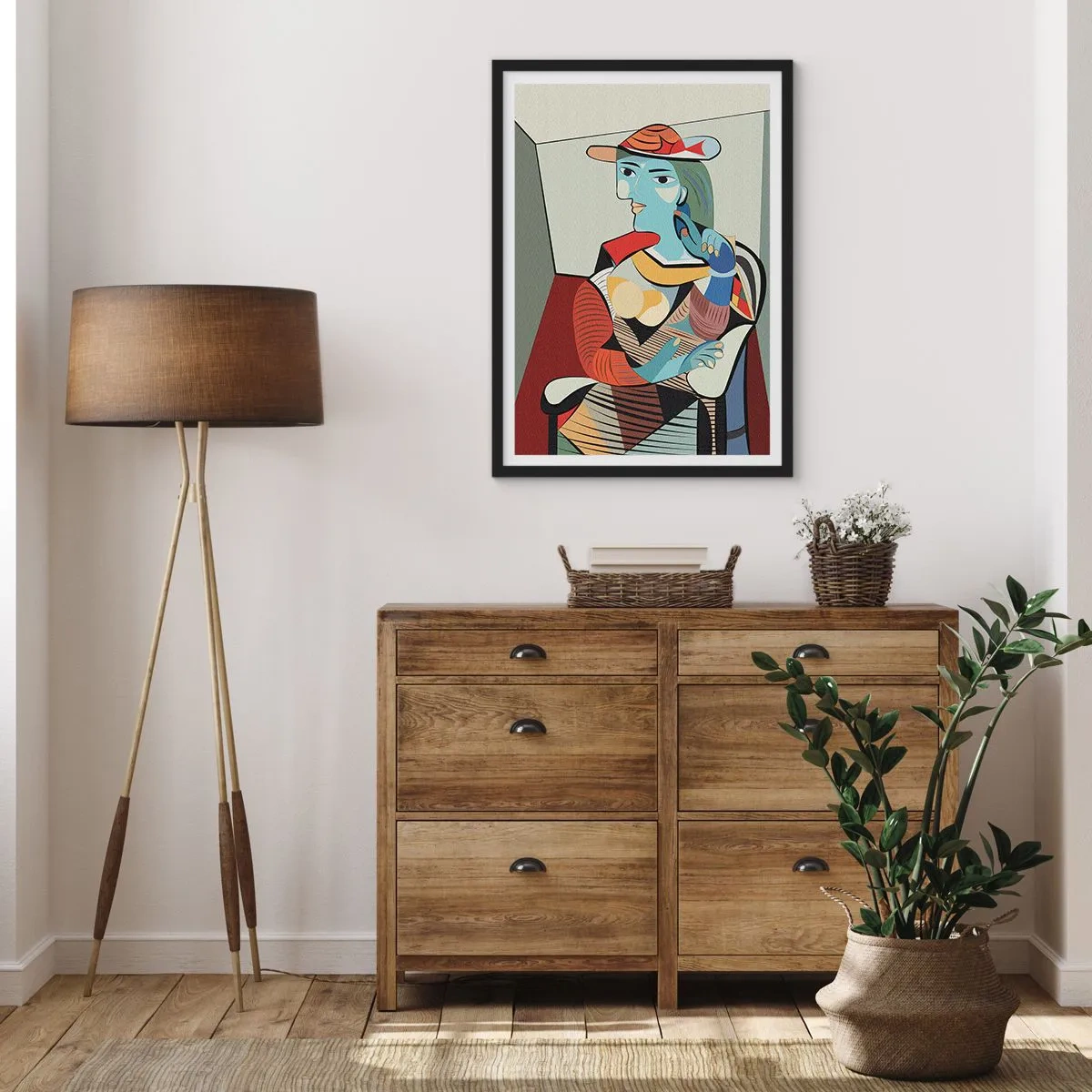 Plakát v černém rámu - Kubistický portrét ženy v klobouku - 50x70cm - Očima Picassa - Moderní nástěnná dekorace do obývacího pokoje a ložnice ARTTOR