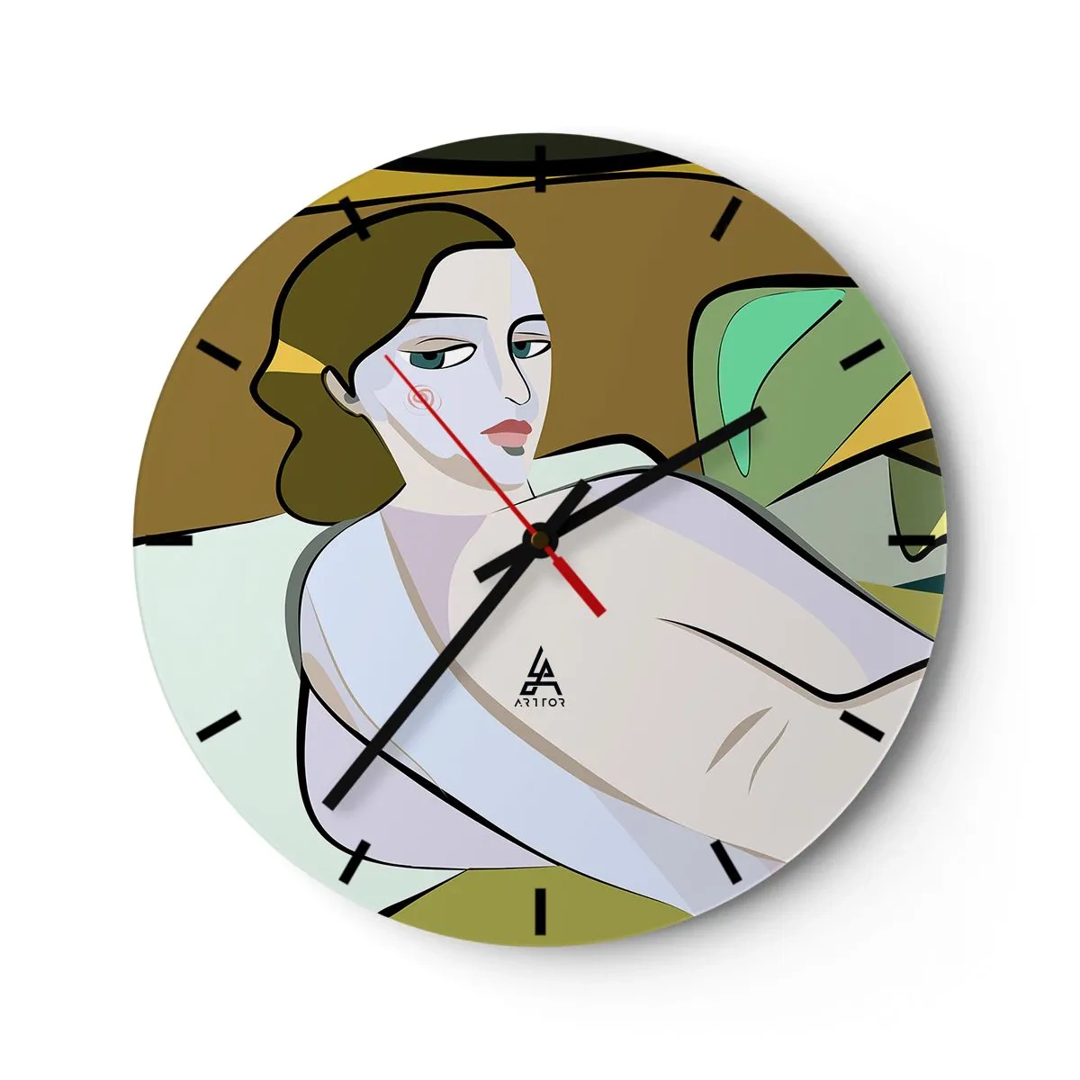 Nástěnné hodiny - Ženská postava v kubistickém stylu na abstraktním pozadí - 30x30cm - Intimní portrét - Moderní nástěnná dekorace do obývacího pokoje, kuchyně a ložnice ARTTOR