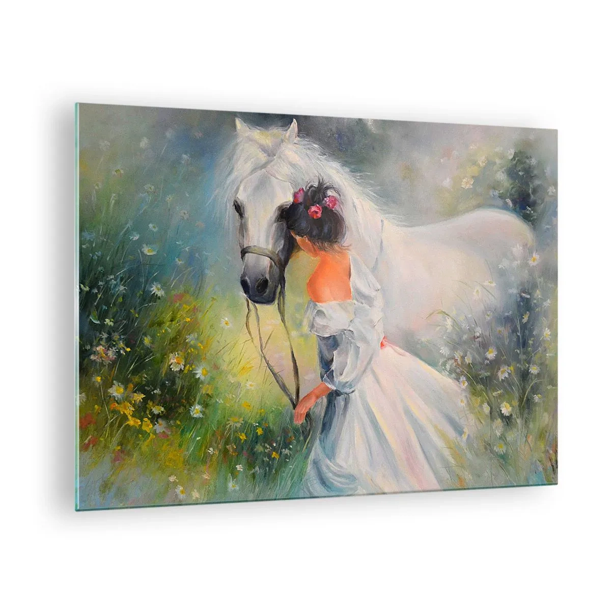 Obraz na skle - Žena v bílých šatech s bílým koněm na louce plné květin. - 70x50cm - Jako z krásného snu - Moderní nástěnná dekorace do obývacího pokoje a ložnice ARTTOR