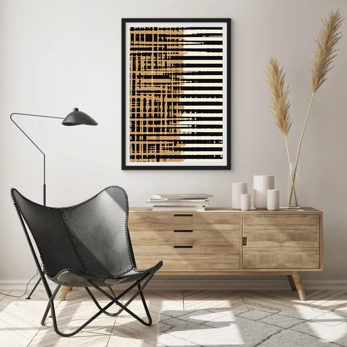 Plakát v černém rámu - Geometrický vzor s liniemi a teplými barvami - 50x70cm - Architektonická abstrakce - Moderní nástěnná dekorace do obývacího pokoje a ložnice ARTTOR