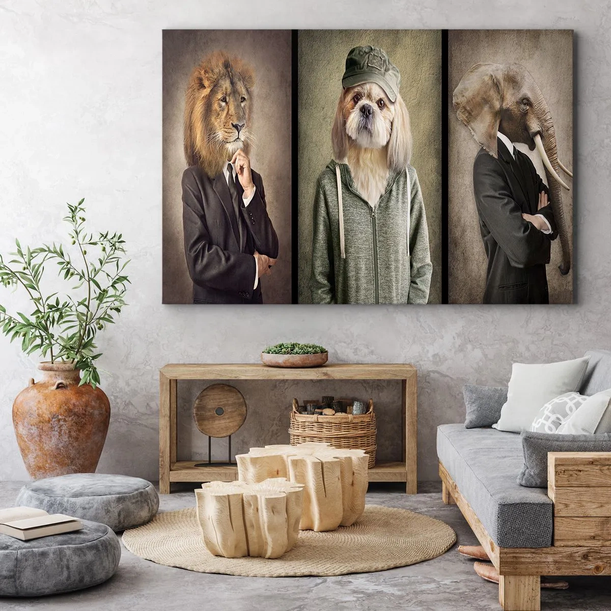 Obraz na plátně - Stylizované portréty lva, psa a slona v elegantním oblečení - 70x50cm - Mám raději klídek - Moderní nástěnná dekorace do obývacího pokoje a ložnice ARTTOR
