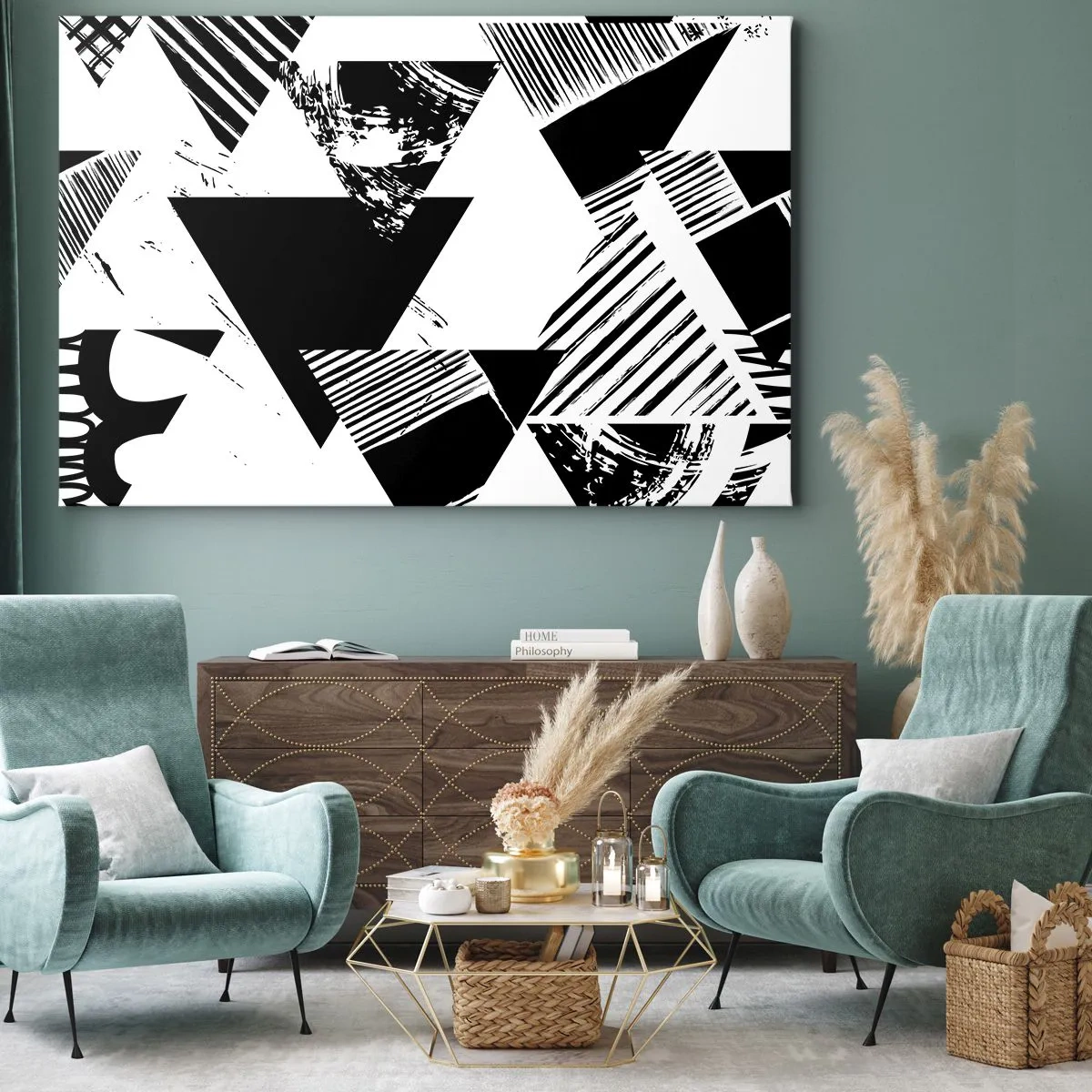 Obraz na plátně - Geometrické vzory v minimalistickém černém a bílém provedení - 70x50cm - Déšť trojúhelníků - Moderní nástěnná dekorace do obývacího pokoje a ložnice ARTTOR