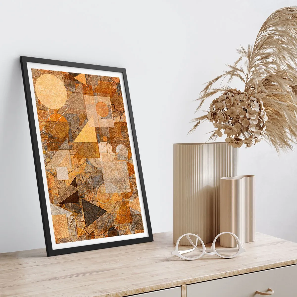 Plakát v černém rámu - Abstraktní geometrická kompozice v odstínech hnědé a oranžové - 50x70cm - Kubistická bronzová studie - Moderní nástěnná dekorace do obývacího pokoje a ložnice ARTTOR