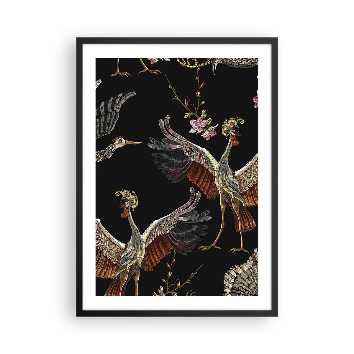 Plakát v černém rámu - Elegantní jeřábi mezi květinami na černém pozadí, v orientálním stylu. - 50x70cm - Pohádkový pták - Moderní nástěnná dekorace do obývacího pokoje a ložnice ARTTOR