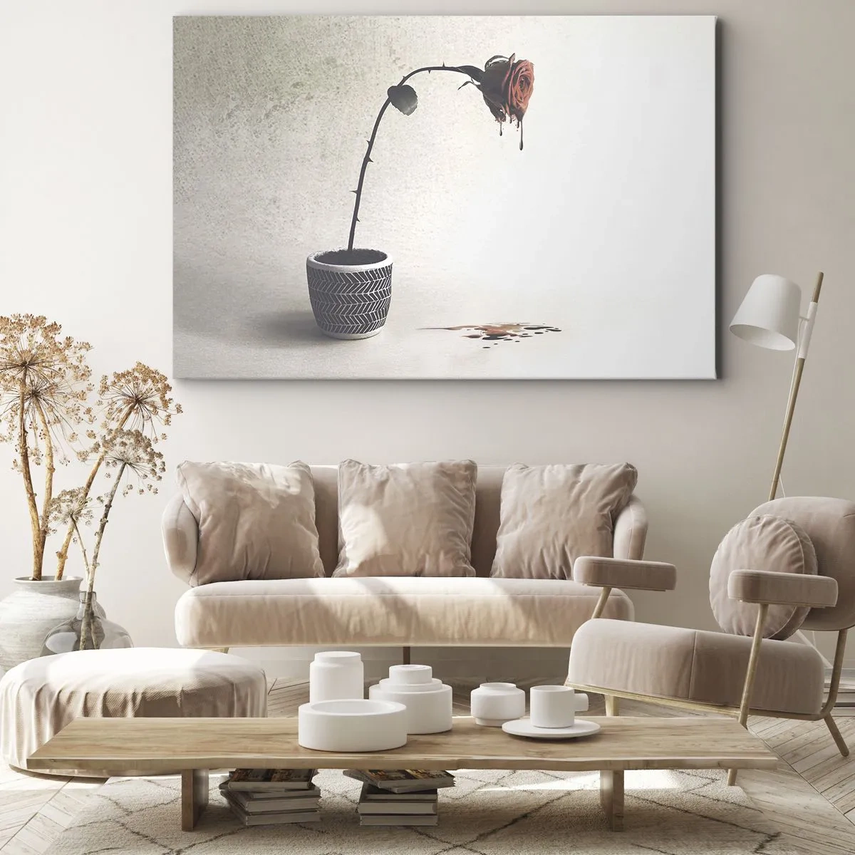 Obraz na plátně - Červená růže v květináči s kapkami barviva na bílém pozadí - 70x50cm - Rosa dolorosa - Moderní nástěnná dekorace do obývacího pokoje a ložnice ARTTOR