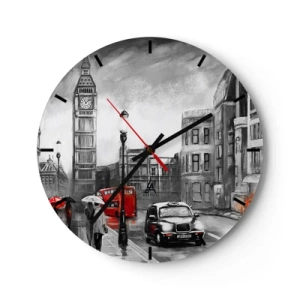 Nástěnné hodiny - Big Ben a londýnská ulice s červeným autobusem a taxíkem - 30x30cm - Vůbec ne šedé město - Moderní nástěnná dekorace do obývacího pokoje, kuchyně a ložnice ARTTOR