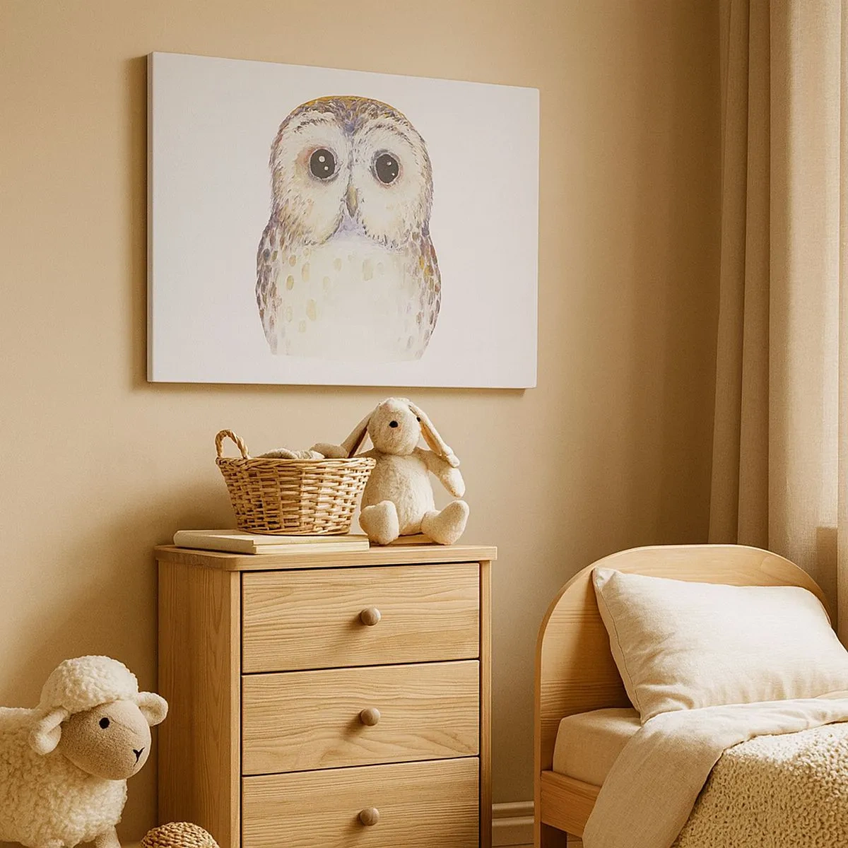 Obraz na plátně - Portrét sovy na světlém pozadí s jemnými barvami - 70x50cm - Podívej se mi do očí - Moderní nástěnná dekorace do obývacího pokoje a ložnice ARTTOR