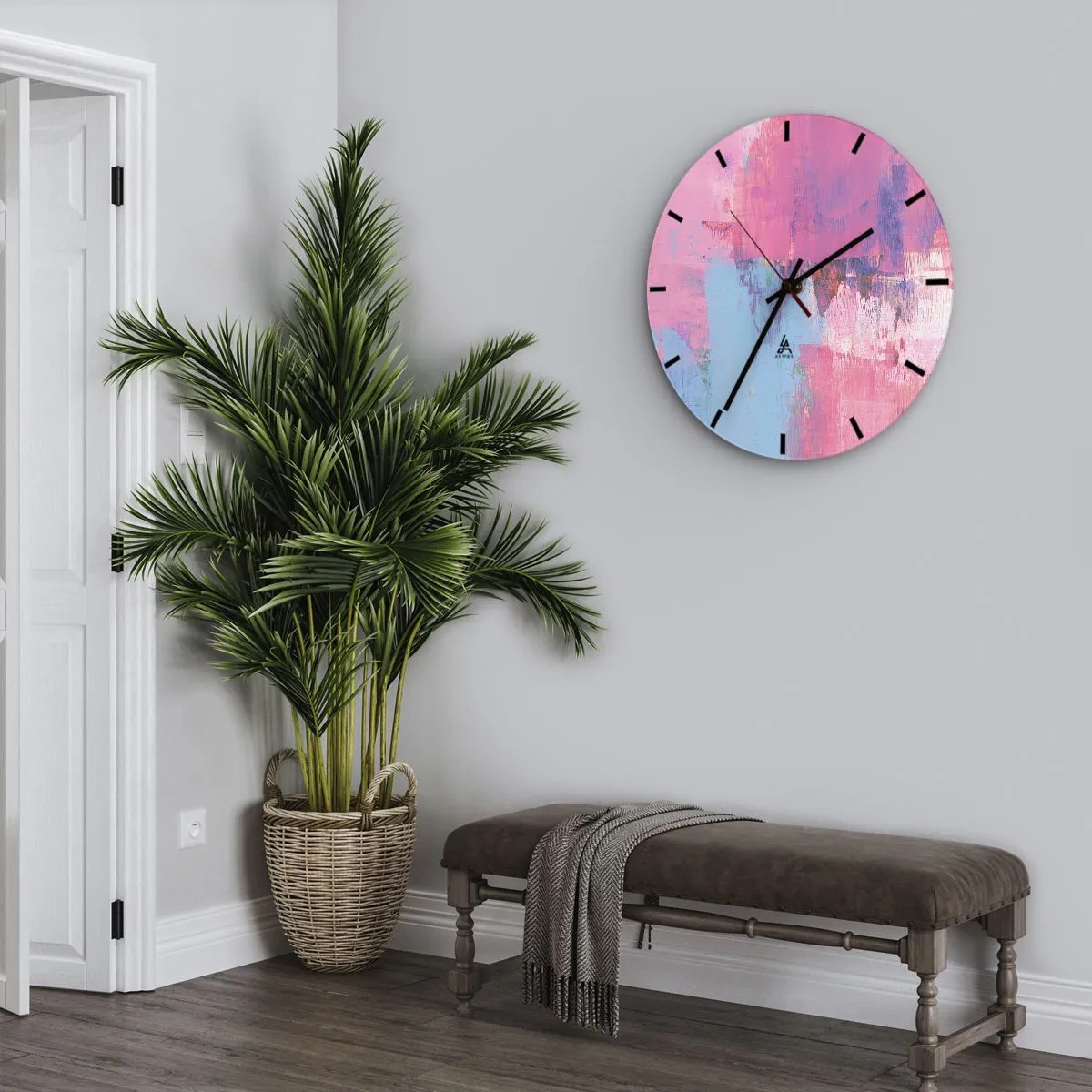 Nástěnné hodiny - Abstraktní malířská kompozice v odstínech růžové a modré. - 30x30cm - Růžová, modrá a špetka světla - Moderní nástěnná dekorace do obývacího pokoje, kuchyně a ložnice ARTTOR