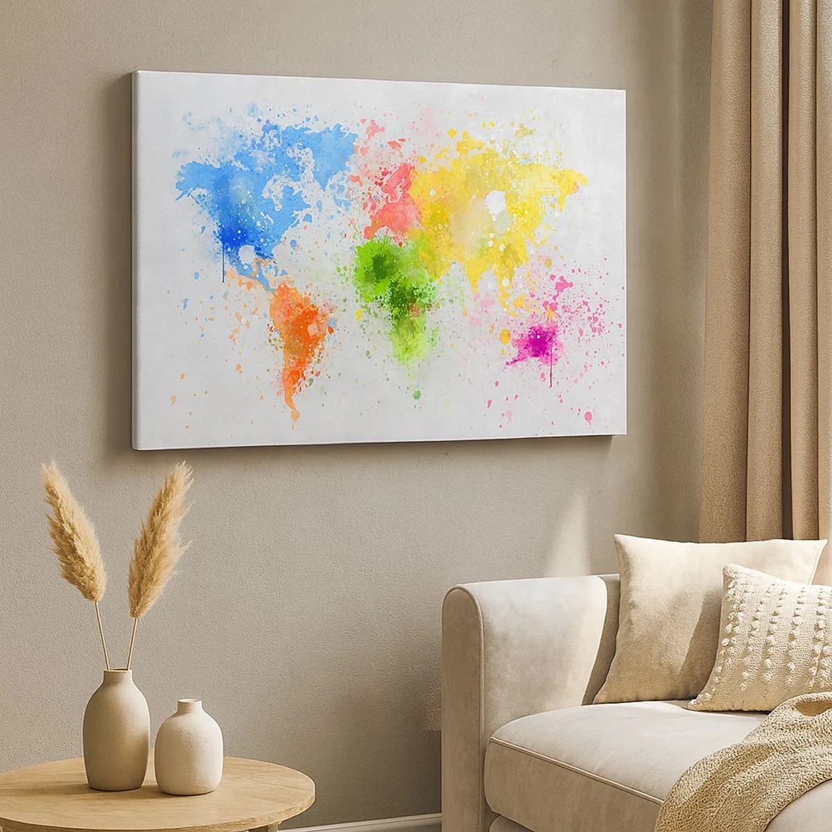 Obraz na plátně - Mapa světa v barevné akvarelové interpretaci - 70x50cm - Všechny barvy světa - Moderní nástěnná dekorace do obývacího pokoje a ložnice ARTTOR