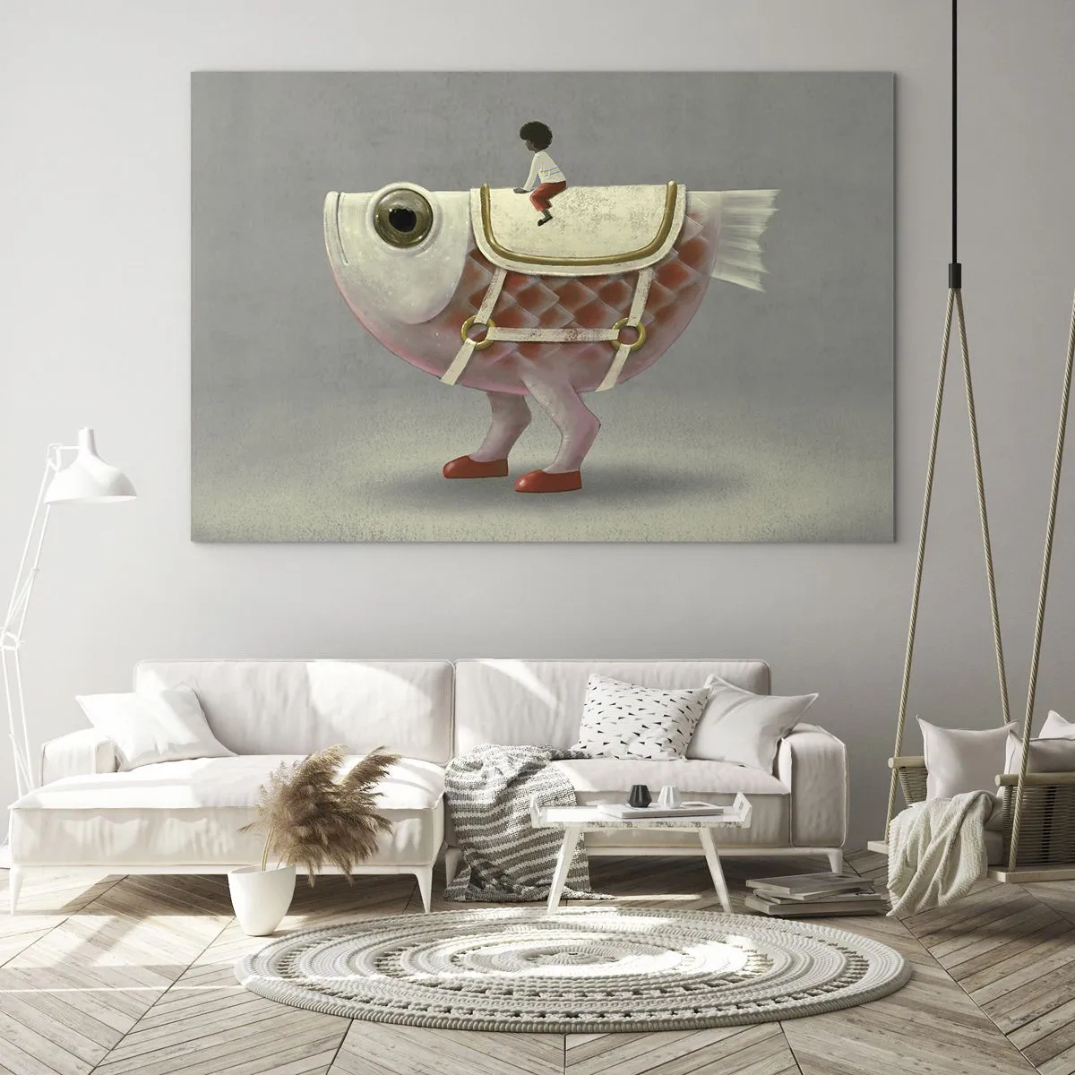 Obraz na skle - Postava jedoucí na růžové rybě s nohama a sedlem - 70x50cm - Rybí jezdec - Moderní nástěnná dekorace do obývacího pokoje a ložnice ARTTOR