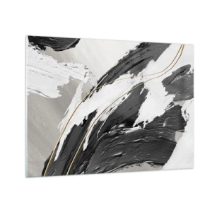 Obraz na skle - Dynamické tahy černé a bílé se zlatým akcentem - 70x50cm - Velkorysá abstrakce - Moderní nástěnná dekorace do obývacího pokoje a ložnice ARTTOR