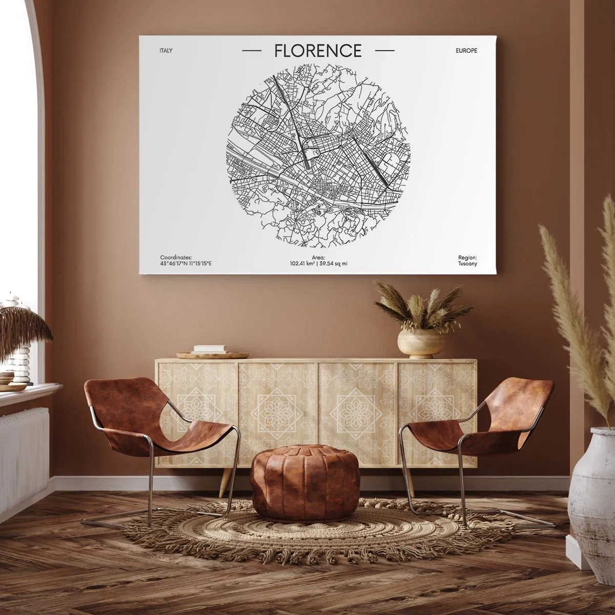 Obraz na plátně - Mapa Florencie v minimalistickém černobílém stylu - 70x50cm - Anatomie Florencie - Moderní nástěnná dekorace do obývacího pokoje a ložnice ARTTOR
