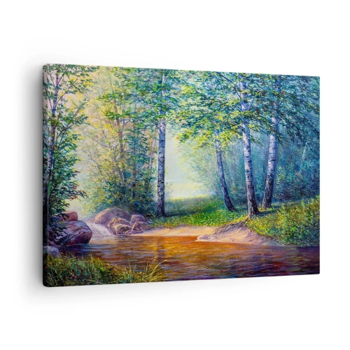 Obraz na plátně - Lesní potok obklopený břízami a sluncem - 70x50cm - Scénář selanky - Moderní nástěnná dekorace do obývacího pokoje a ložnice ARTTOR