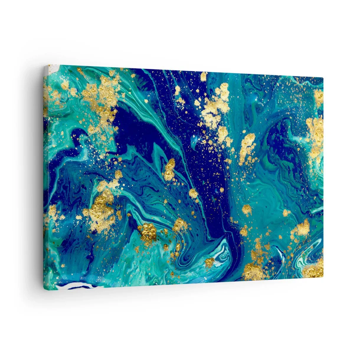 Obraz na plátně - Abstraktní kompozice s modrými, zelenými a zlatými akcenty. - 70x50cm - Plátky slunce - Moderní nástěnná dekorace do obývacího pokoje a ložnice ARTTOR