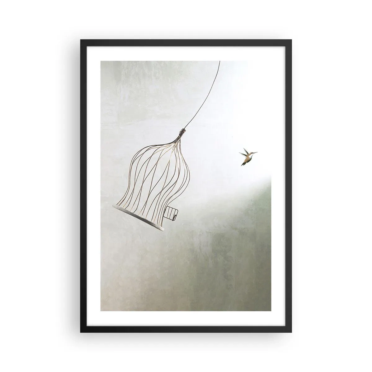 Plakát v černém rámu - Pták opouštějící klec v minimalistickém stylu. - 50x70cm - Ve svém živlu - Moderní nástěnná dekorace do obývacího pokoje a ložnice ARTTOR