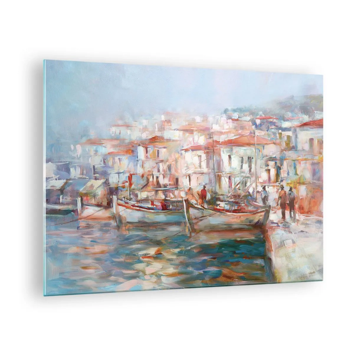 Obraz na skle - Malebný přístav s loděmi v pastelových barvách - 70x50cm - Pastelová dovolená - Moderní nástěnná dekorace do obývacího pokoje a ložnice ARTTOR