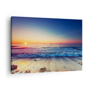 Obraz na plátně - Západ slunce nad klidným mořem s vlnami - 70x50cm - Co je za obzorem? - Moderní nástěnná dekorace do obývacího pokoje a ložnice ARTTOR