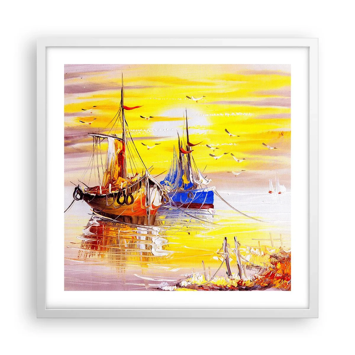 Plakát v bílém rámu - Zasloužený odpočinek v přístavu - 50x50 cm