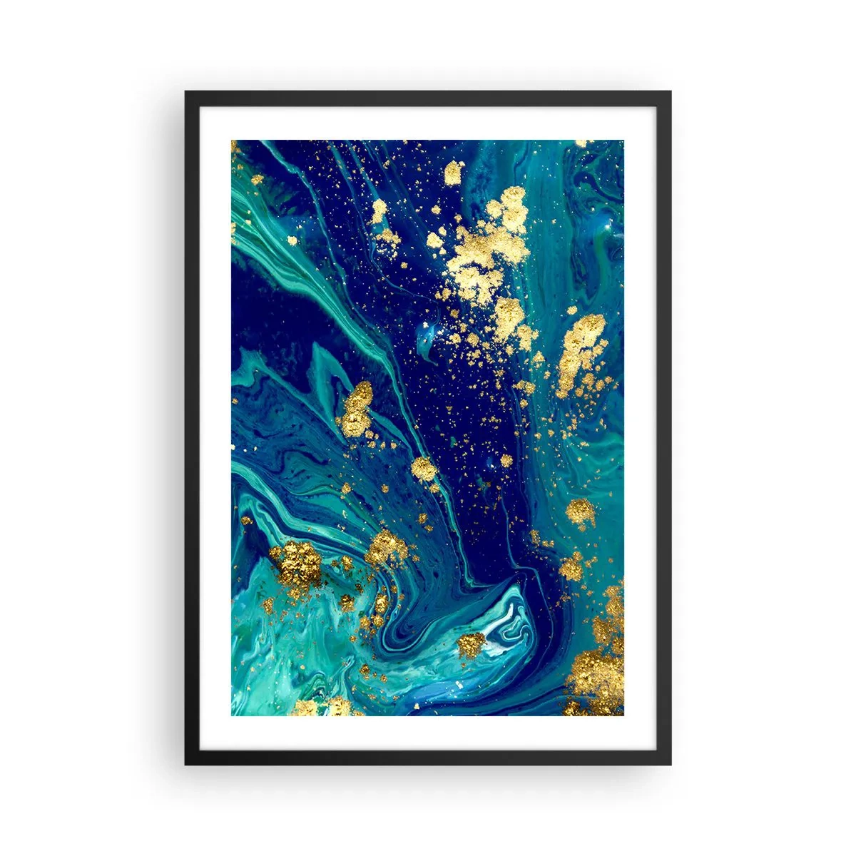 Plakát v černém rámu - Abstraktní vzor v odstínech modré a zlaté - 50x70cm - Plátky slunce - Moderní nástěnná dekorace do obývacího pokoje a ložnice ARTTOR