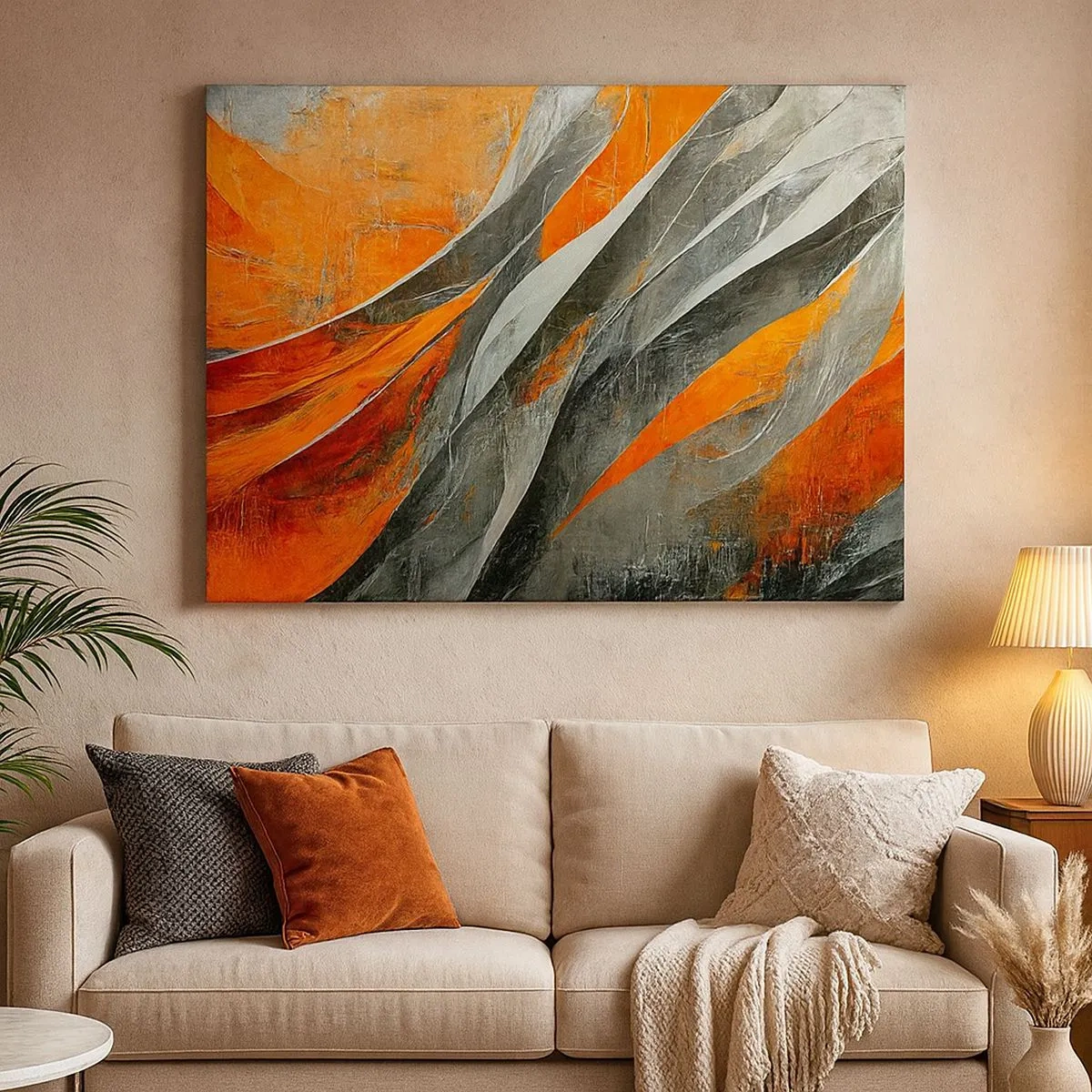 Obraz na plátně - Abstraktní linie v odstínech oranžové a šedé - 70x50cm - Žár a chlad - Moderní nástěnná dekorace do obývacího pokoje a ložnice ARTTOR