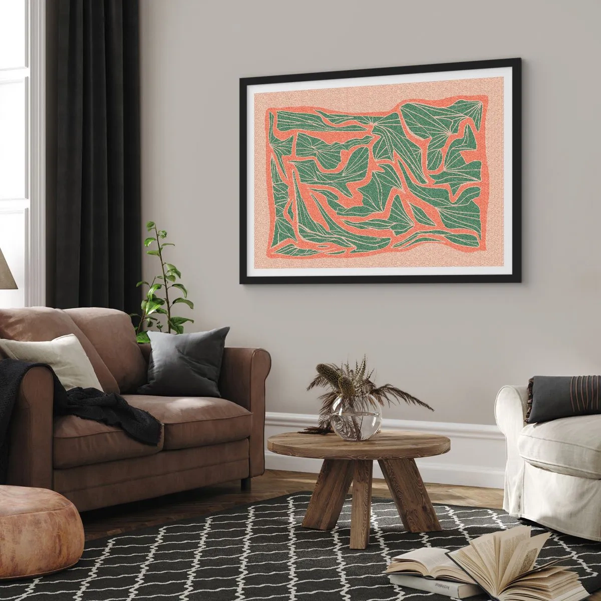 Plakát v černém rámu - Souboj korálů a zeleně - 70x50 cm