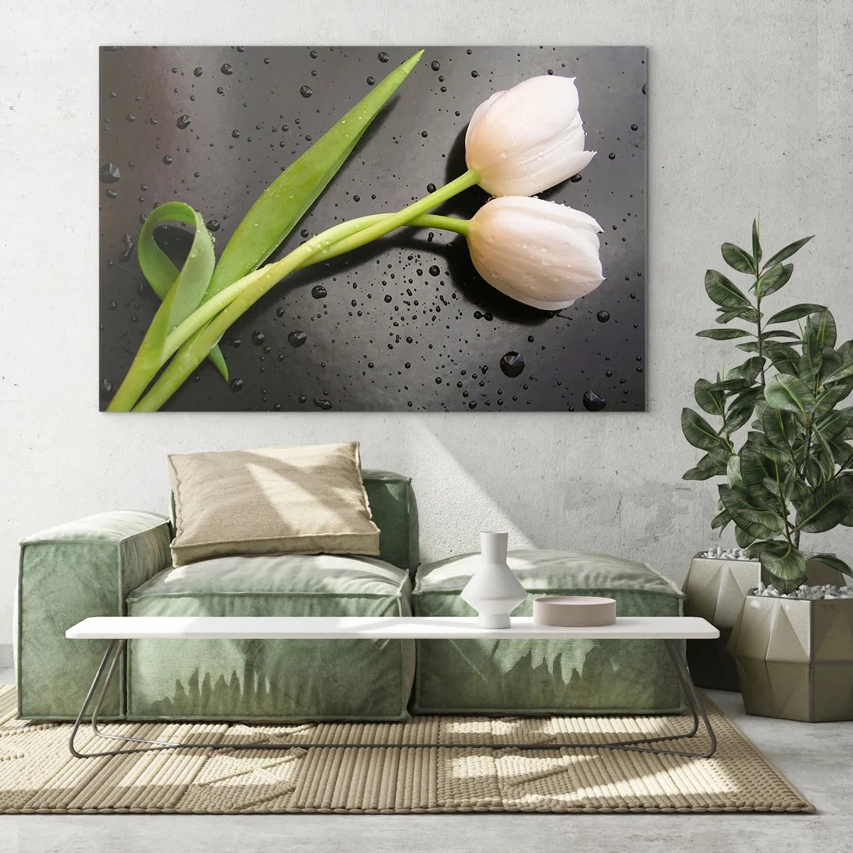 Obraz na skle - Bílé tulipány na pozadí s kapkami vody - 70x50cm - Jarní vazba - Moderní nástěnná dekorace do obývacího pokoje a ložnice ARTTOR