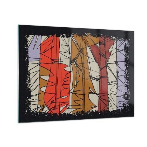 Obraz na skle - Grafická abstrakce s barevnými pruhy a černými čarami - 70x50cm - Spontánní kompozice - Moderní nástěnná dekorace do obývacího pokoje a ložnice ARTTOR