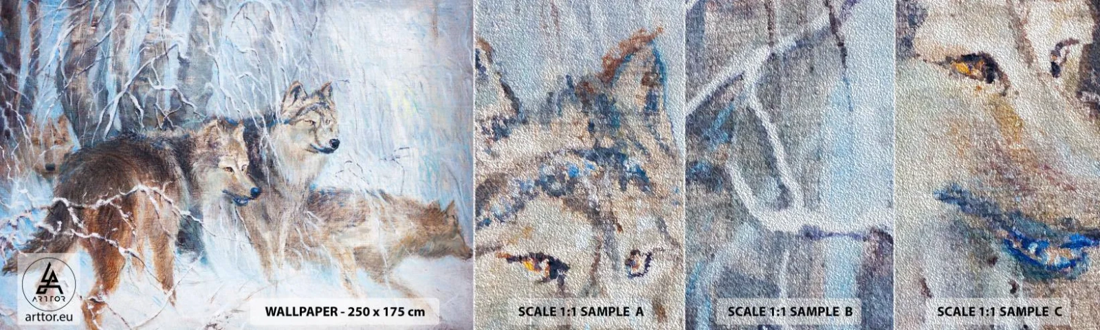 Vzor Fototapety Premium Sand - Pozor! Přichází… - Zvířata, vlci, Les - 100x30 cm