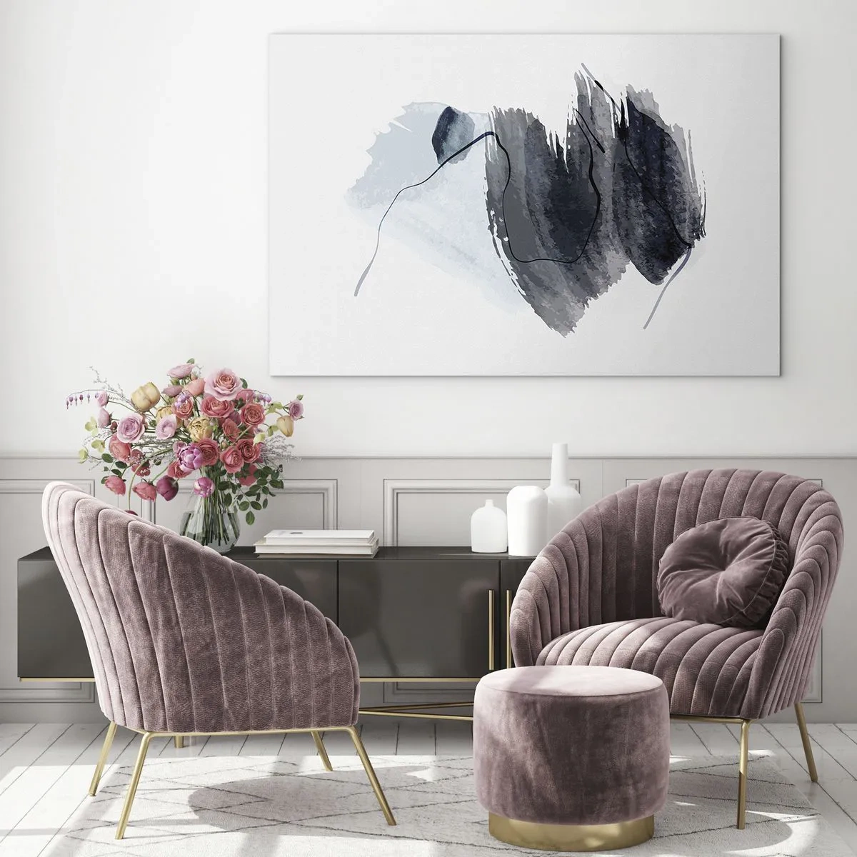 Obraz na skle - Abstraktní kompozice v odstínech tmavě modré a šedé - 70x50cm - Intenzita a pohyb - Moderní nástěnná dekorace do obývacího pokoje a ložnice ARTTOR