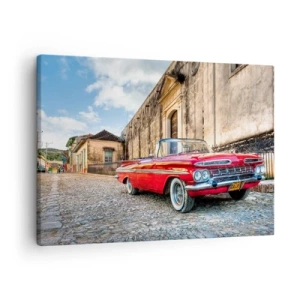 Obraz na plátně - Červené klasické auto na dlážděné ulici - 70x50cm - Kubánské vzrušení - Moderní nástěnná dekorace do obývacího pokoje a ložnice ARTTOR