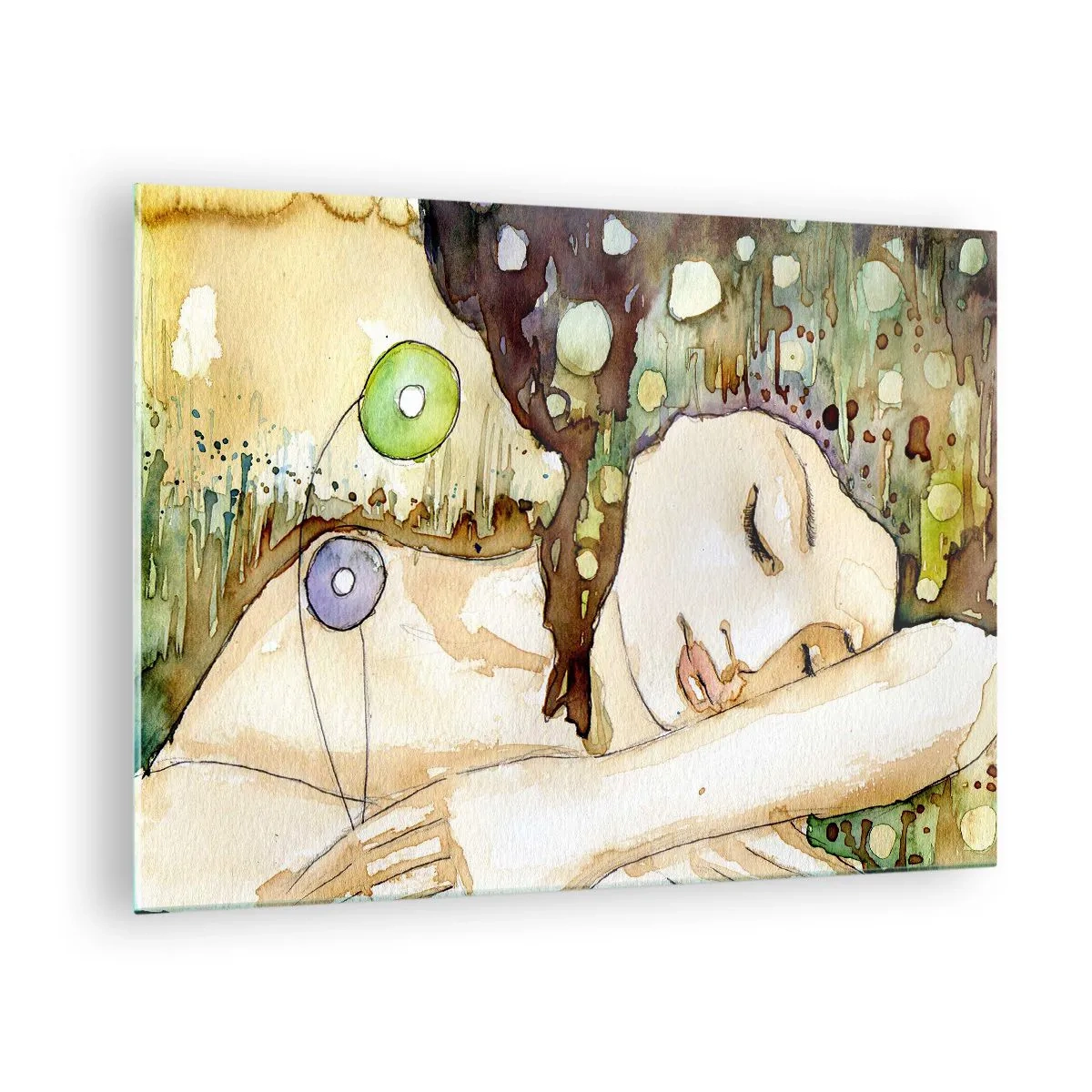 Obraz na skle - Spící žena v umělecké akvarelové malbě v teplých barvách. - 70x50cm - Smaragdově-fialový sen - Moderní nástěnná dekorace do obývacího pokoje a ložnice ARTTOR