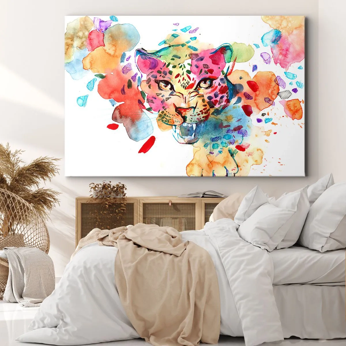 Obraz na plátně - Abstraktní portrét leoparda v intenzivních barvách - 70x50cm - Kráska a zvíře - Moderní nástěnná dekorace do obývacího pokoje a ložnice ARTTOR